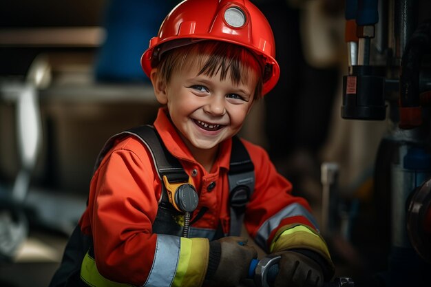 Le drôle de petit garçon plombier souriant au travail