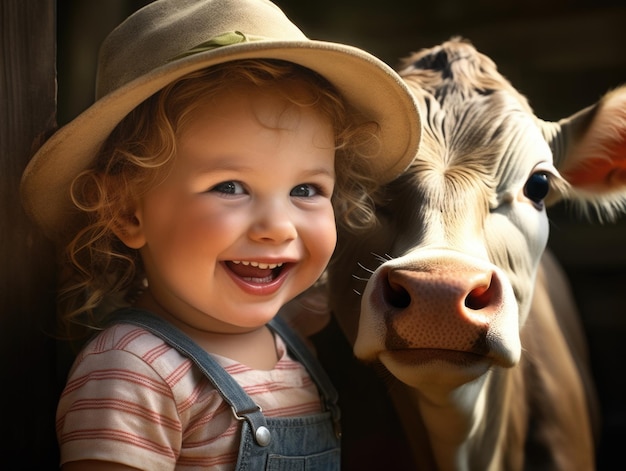 drôle de petite fille souriante en tant qu'agriculteur avec vache