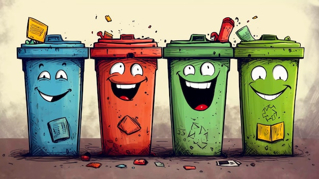 drôle recyclage poubelle poubelles de rue poubelles colorées IA générative