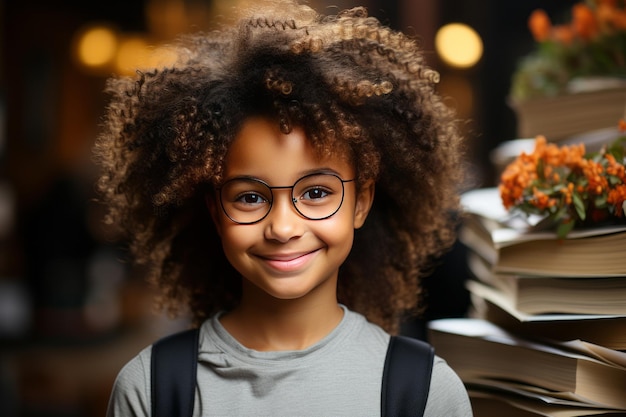 Drôle souriant écolière enfant noir avec des lunettes tenir des livres fond de salon généré par l'IA