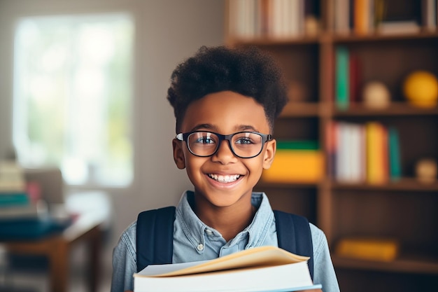 Drôle souriant enfant noir écolier avec des lunettes tenir des livres fond de salon généré par l'IA