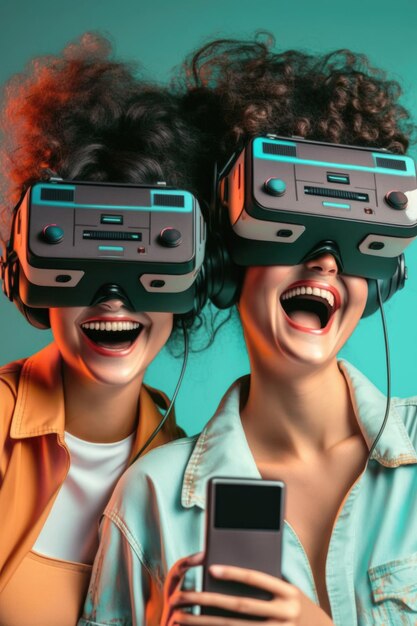 Drôles de filles jouant au jeu vidéo de réalité virtuelle Metaverse technologie numérique futuriste cyber-monde IA générative