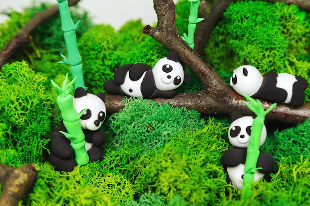 Drôles de pandas en pâte à modeler faits maison dans une jungle stylisée Concept pour la journée mondiale des animaux jour du panda jour de la terre protection de l'environnement