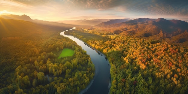 Drone aérien génératif IA généré par IA haut photo illustration haute forêt et rivière coucher de soleil adv