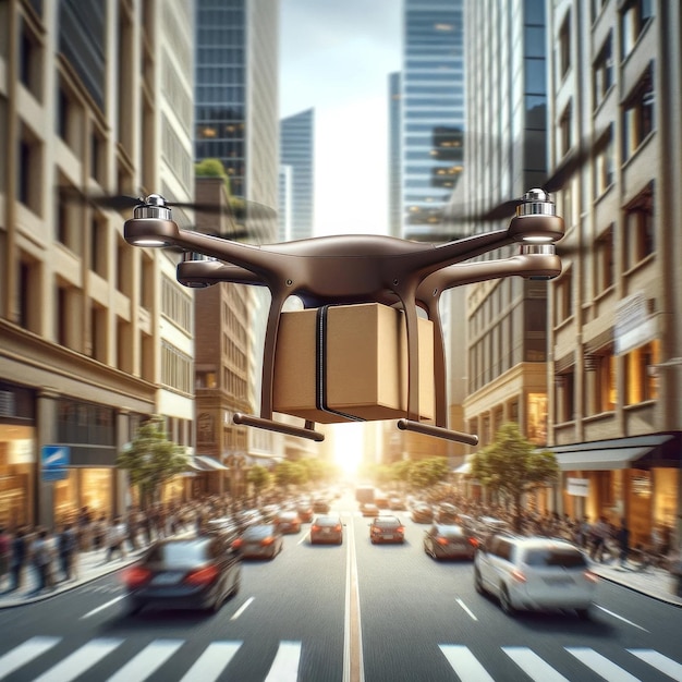 Photo drone aérien transportant un paquet au-dessus d'un paysage urbain au coucher du soleil concept de commerce technologique urbain