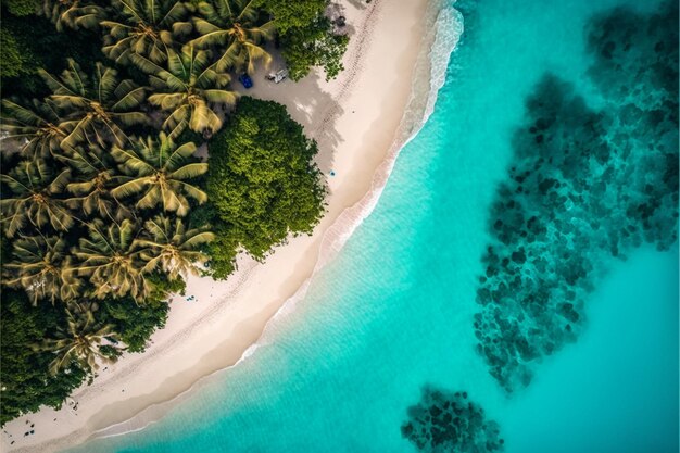 Drone aérien vue de la plage au-dessus de l'eau bleue Generative Ai