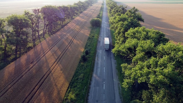 Drone aérien vue vol au-dessus du champ de blé de l'autoroute et des arbres verts à l'aube du coucher du soleil