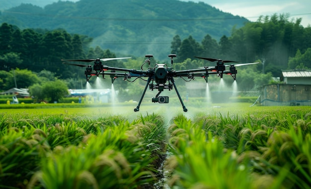 Le drone agricole vole pour pulvériser de l'engrais sur les rizières.
