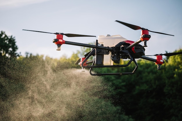 Un drone agricole vole vers des engrais pulvérisés sur les champs de maïs sucré