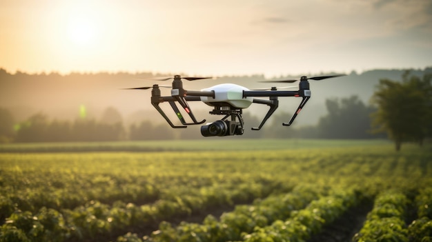 Un drone agricole vole vers des engrais pulvérisés sur les champs de thé vert