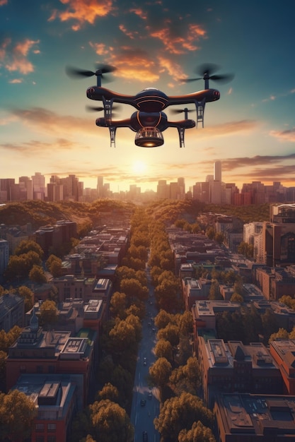 Photo drone aipowered survolant un paysage urbain créé avec une ia générative