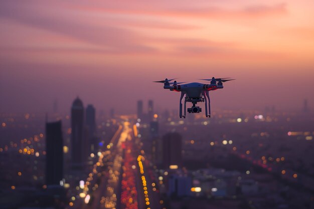 Un drone au-dessus de la ville au lever du soleil d'été