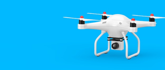 Drone blanc avec appareil photo sur fond bleu. Rendu 3D