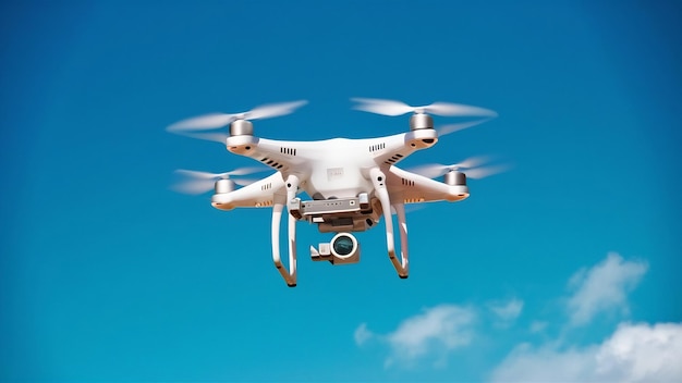 Un drone blanc plane dans un ciel bleu vif