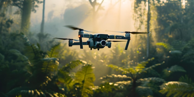 Un drone avec une caméra numérique volant dans la jungle