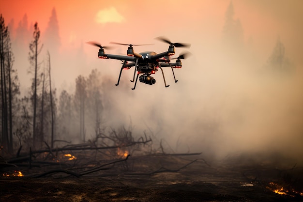 Drone avec caméra thermique contrôlant le début de l'incendie forestier