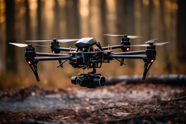 Drone avec caméra volant avec une forêt en arrière-plan