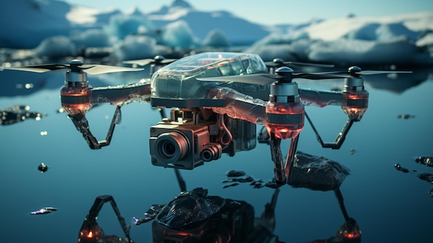 Un drone avec une caméra vole sur un iceberg