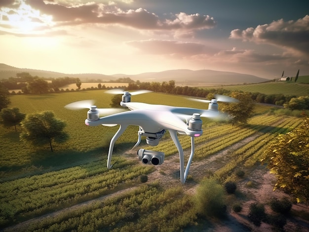 Drone sur le concept de ferme en ligne sur le terrain agricole