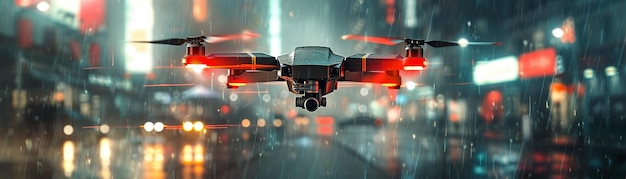 Photo drone espion cybernétique volant furtivement au milieu d'une place de la ville lumières au néon brillantes couvert de nuages ésthétique futuriste effet de profondeur de champ bokeh