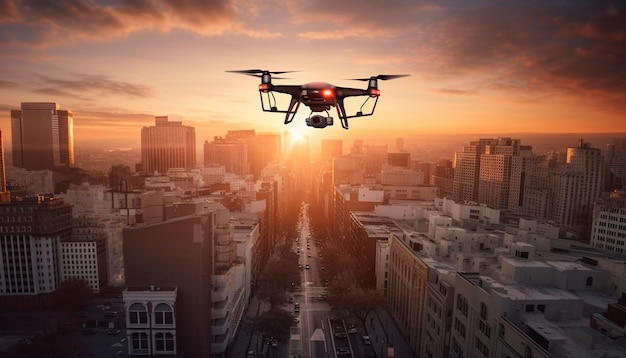 Un drone futuriste capture la vie de la ville au crépuscule généré par l'IA