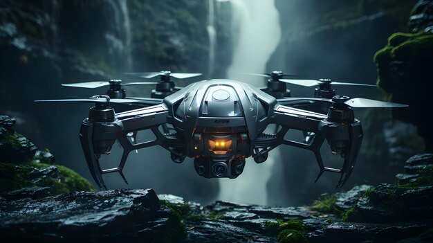 Photo drone futuriste dans la forêt avec fond de cascade ia générative