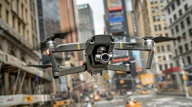 Drone d'inspection volant dans les rues de la ville sur fond de gratte-ciel et de circulation encombrée