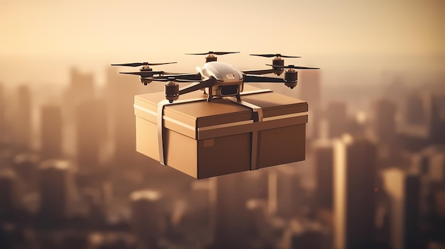 Drone de livraison volant avec fond de paysage urbain AI générative