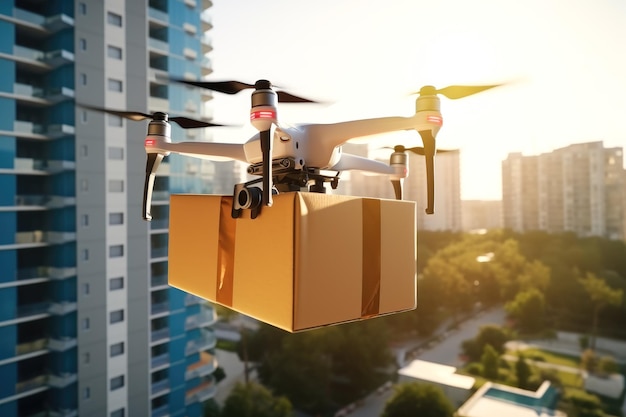 Un drone de livraison vole vers un client parmi les maisons avec une boîte contenant une commande
