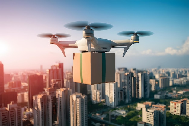 Drone livrant un paquet de carton dans le concept de livraison urbaine