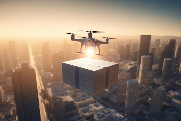 Le drone livre la boîte à sa destination dans le concept de livraison de la ville Concept de livraison de drone Véhicule aérien autonome sans pilote utilisé pour transporter des colis générative ai