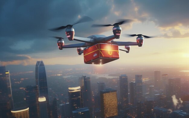 Drone livre la commande de restauration rapide par air au-dessus de la ville équipement de livraison moderne
