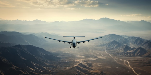 Un drone militaire surveille un vaste désert aride, capturant le contraste saisissant entre la technologie et la nature sauvage