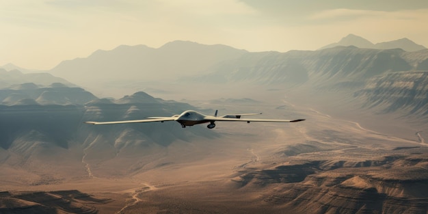 Un drone militaire surveille un vaste désert stérile capturant le contraste frappant de la technologie et de la nature sauvage