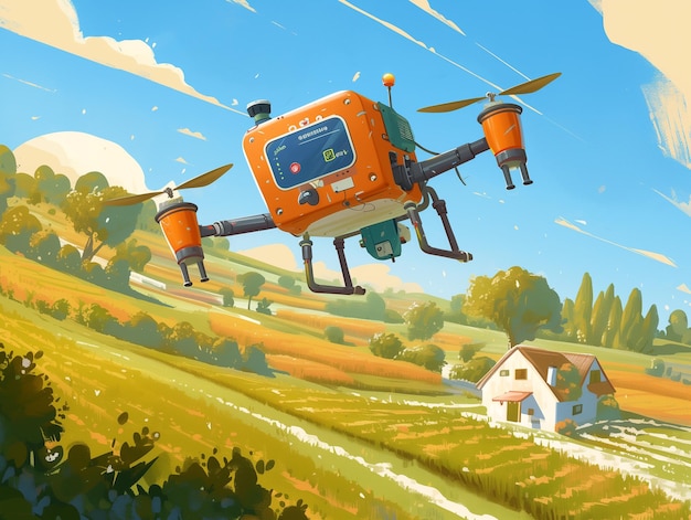 Un drone orange plane au-dessus d'un paysage pastoral ses rotors jumeaux tournent au-dessus de champs verts vibrants