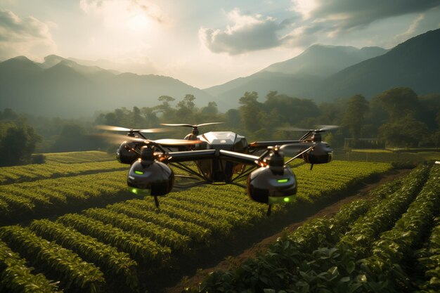 drone sur le paysage rural sur fond de ciel et de montagnes par Generative AI