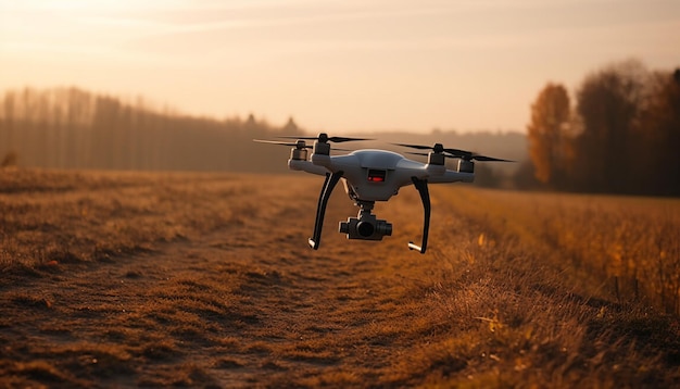 Un drone planant dans les airs capture un coucher de soleil généré numériquement sur la forêt généré par l'IA