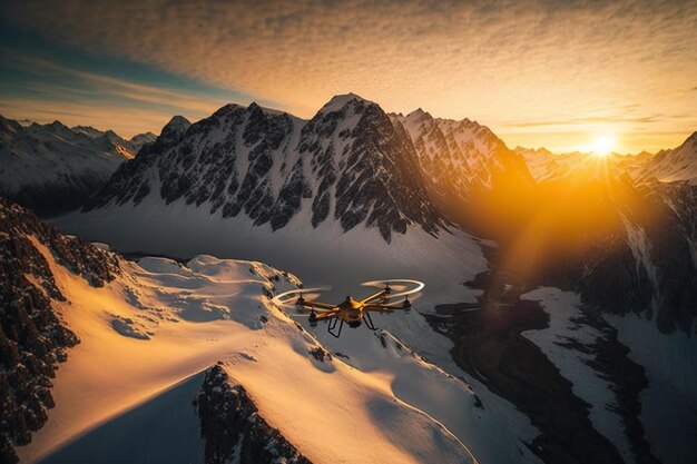 Drone professionnel équipé d'une caméra au-dessus des montagnes enneigées capturant de superbes photos AI générative