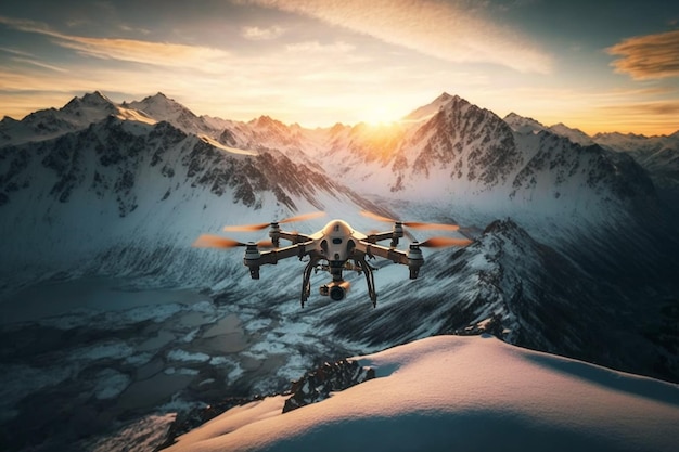 Drone professionnel équipé d'une caméra au-dessus des montagnes enneigées capturant de superbes photos AI générative