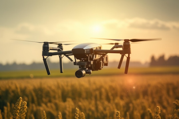 Drone quadricoptère survolant un champ aurifère dans la nature Generative Ai
