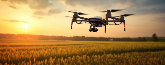 Drone quadricoptère survolant le champ dans le panorama de la nature Generative Ai