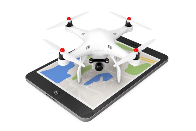 Drone Quadrocopter blanc avec appareil photo sur Tablet PC sur fond blanc. Rendu 3D