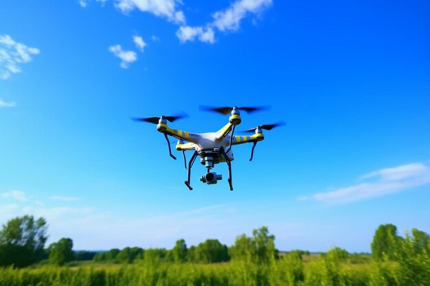 un drone avec une queue jaune et noire vole dans le ciel.