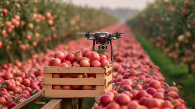 Photo un drone récolte des pommes dans la boîte en bois du verger.