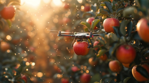 Photo un drone récolte des pommes dans le verger.