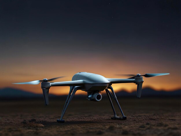 Un drone repose sur un champ de terre au milieu d'un ciel au coucher du soleil