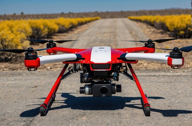 Drone rouge et noir dans un paysage désertique