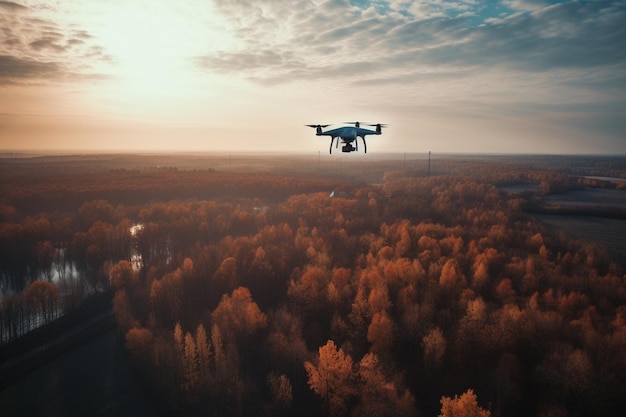 Drone survolant une forêt avec le coucher de soleil derrière lui