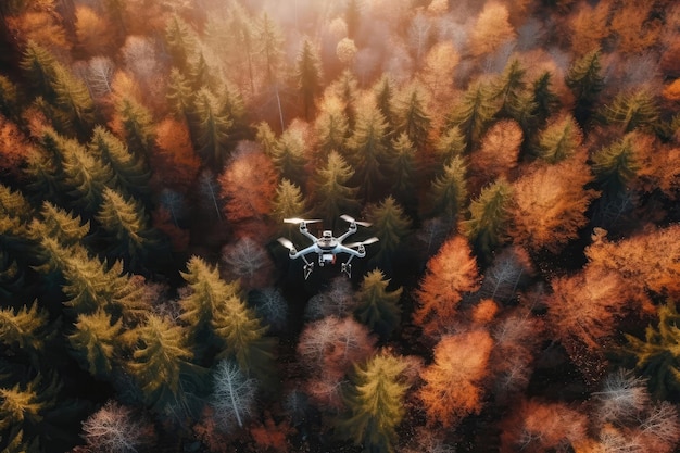Drone survolant la forêt pour capturer des images aériennes AI générative
