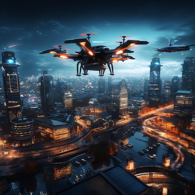 un drone survolant une ville